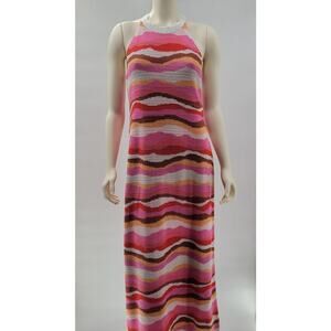 LOFT Crochet Halter Maxi Dress Womens M Pink Wavy Textured Tight Closed Knit